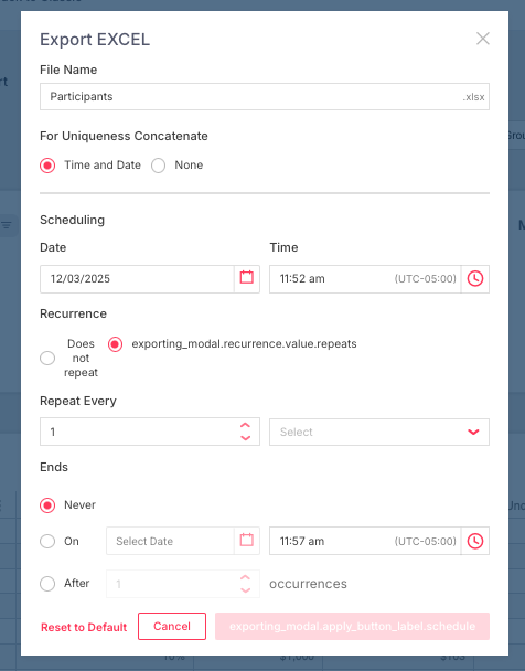 Options when exporting a report, including ability to schedule in the future.
