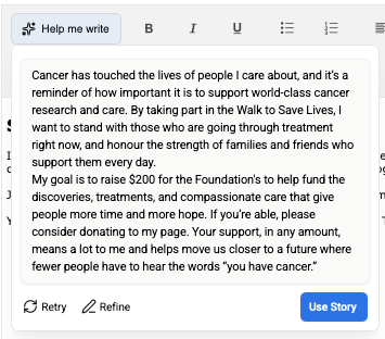 AI-generated story with retry, refine and use story buttons