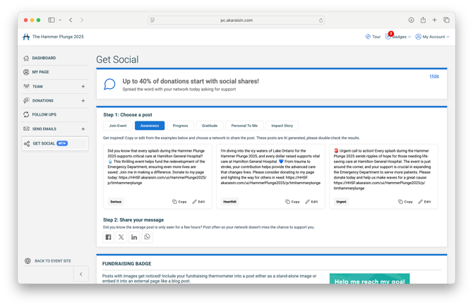 AI-generated social posts in the Fundraising Portal