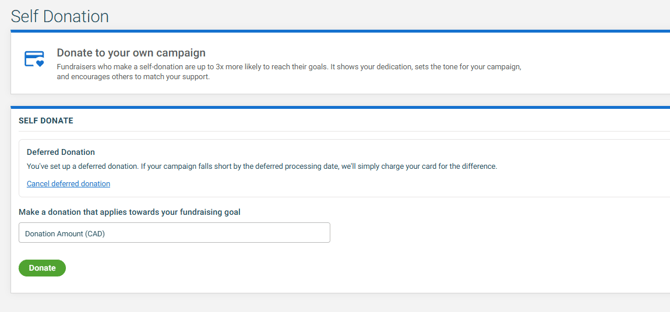 Self-donation tab with option to cancel a delayed commitment
