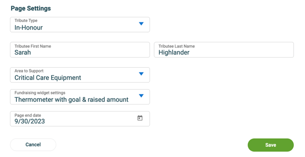 Image of Page Settings in the Participant Centre with options to set Tribute Type, Tributee Name, Area to Support, Fundraising widget settings and a Page End date