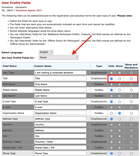 Screenshot of User Profile fields with arrow pointing to Set Profile Fields For and highlight on how to change visibility of fields