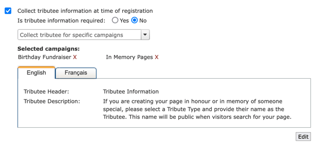 Screenshot showing checkboxes that enable collecting tributee information at the time of registration.