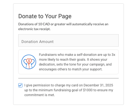 Donate to Your Page where option to charge card for minimum fundraising pledge is enabled