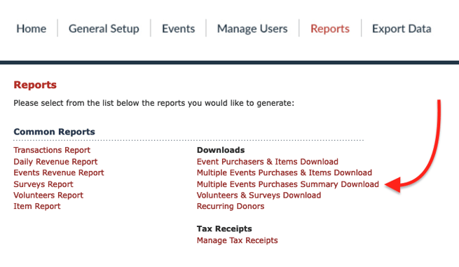 Common Reports and Downloads, with an arrow pointing to the Multiple Events Purchases Summary Download.