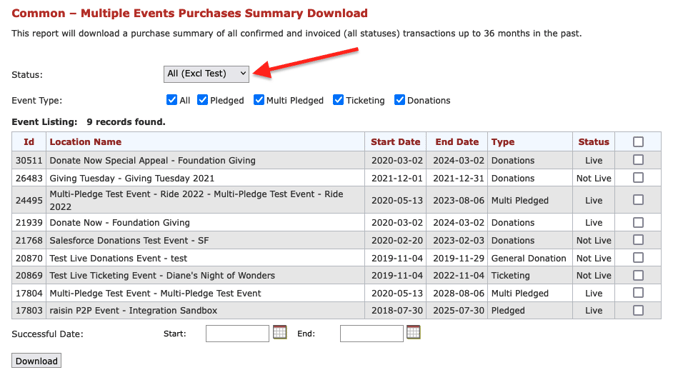 Screenshot of Multiple Events Purchases Summary Download with arrow pointing to Status