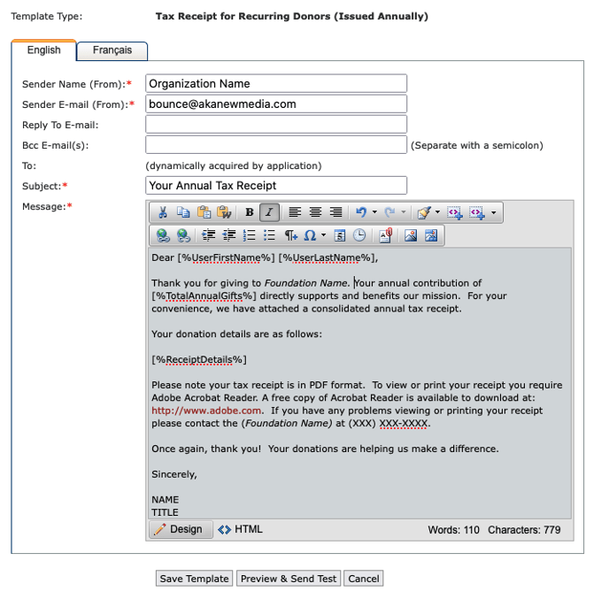 Tax Receipt for Recurring Donors Message