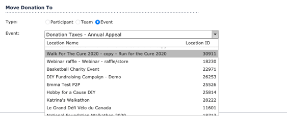 When the Event "Type" is selected, a drop down of all Events will appear for you to move the donation to.