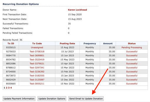 Image of Scheduled Payments screen, with arrow pointing to button to "Send Email to Update Donation"